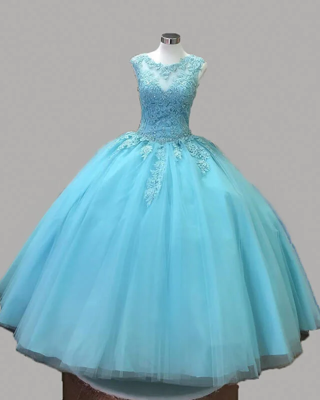 Aqua Blue Tulle Quinceanera Dresses Lace Appqliues