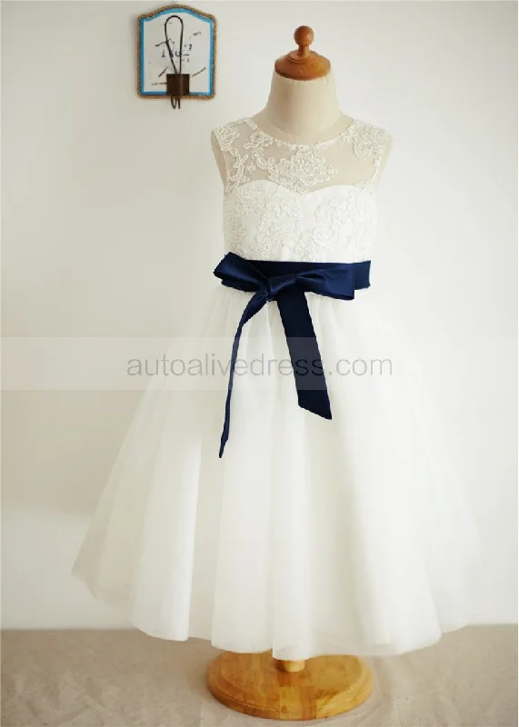 Other Ivory Lace Tulle Navy Blue Sash Knee Length