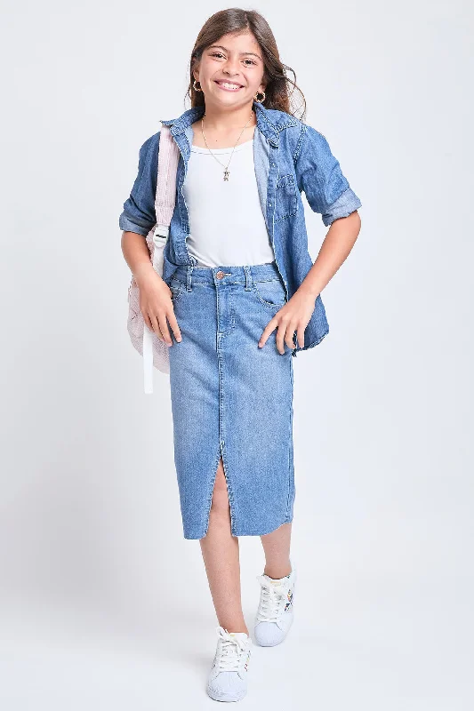 Girls Denim Front Slit Raw Hem Long Skirt, Pack of 12