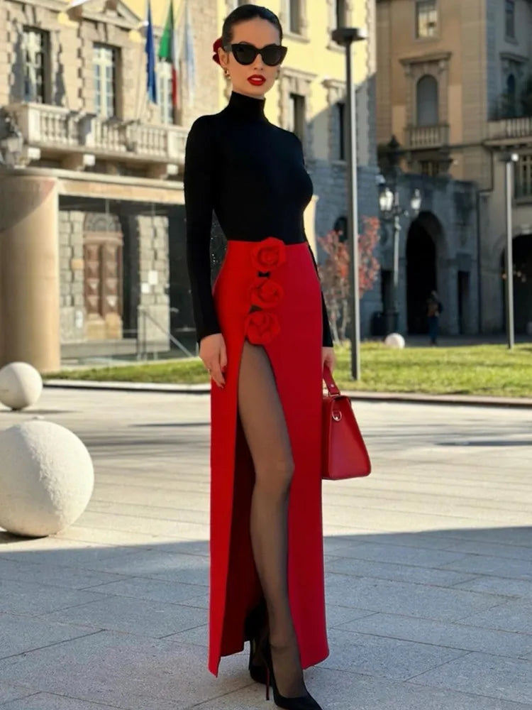 Red Black Long Bodycon Split Flower Bandage Skirt