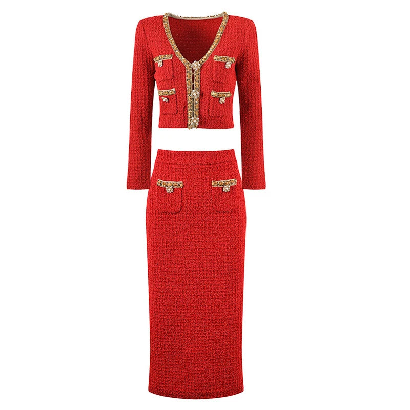 Red Short Top + Long Skirt Knitted Suit