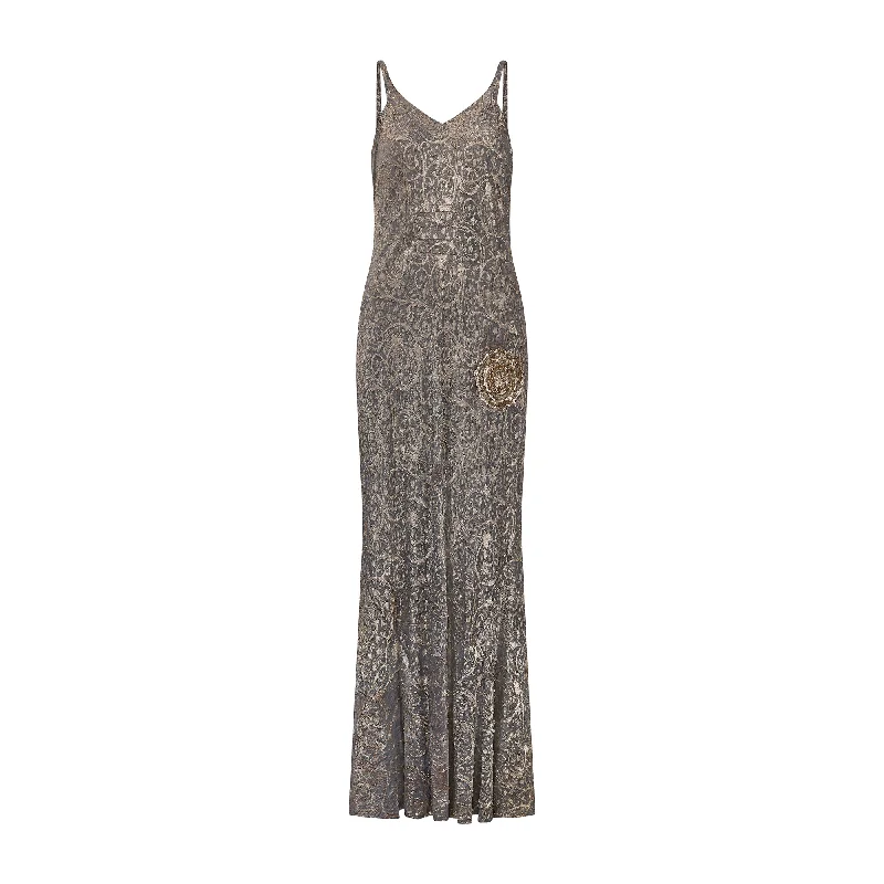 1930s Grey and Gold Lame Dress with Sequin Appliques