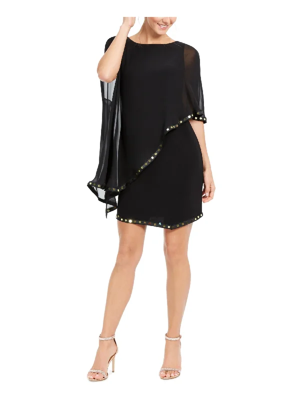 28th & Park Womens Black Sequined Overlay Sleeveless Jewel Neck Short Cocktail Sheath Dress