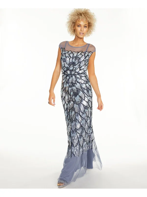 ADRIANNA PAPELL Womens Sequined Cap Sleeve Illusion Neckline Full-Length Evening Mermaid Dress