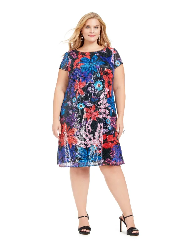 ADRIANNA PAPELL Womens Sequined Floral Short Sleeve Jewel Neck Knee Length Cocktail Fit + Flare Dress