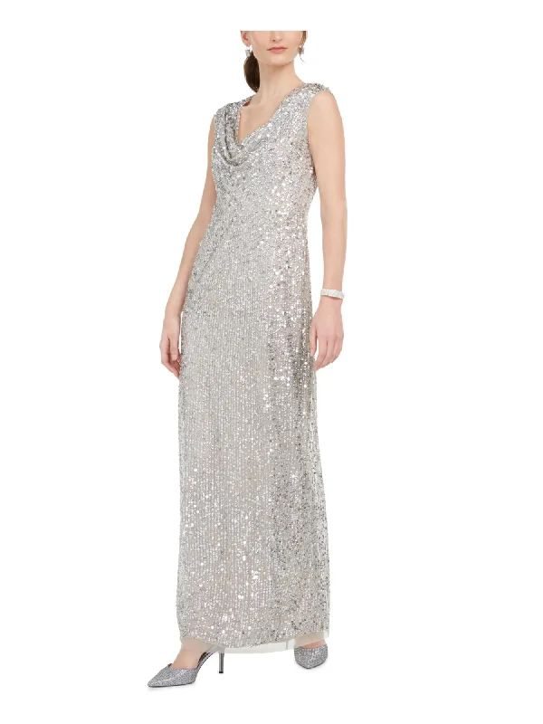 ADRIANNA PAPELL Womens Sequined Sleeveless Cowl Neck Evening Dress