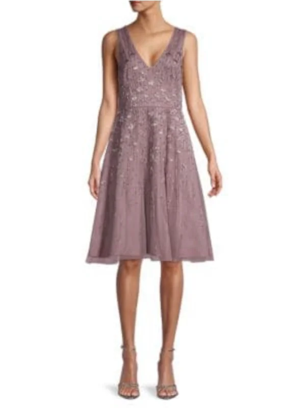 AIDAN MATTOX Womens Light Purple Embellished Sequined Sleeveless V Neck Knee Length Cocktail Fit + Flare Dress