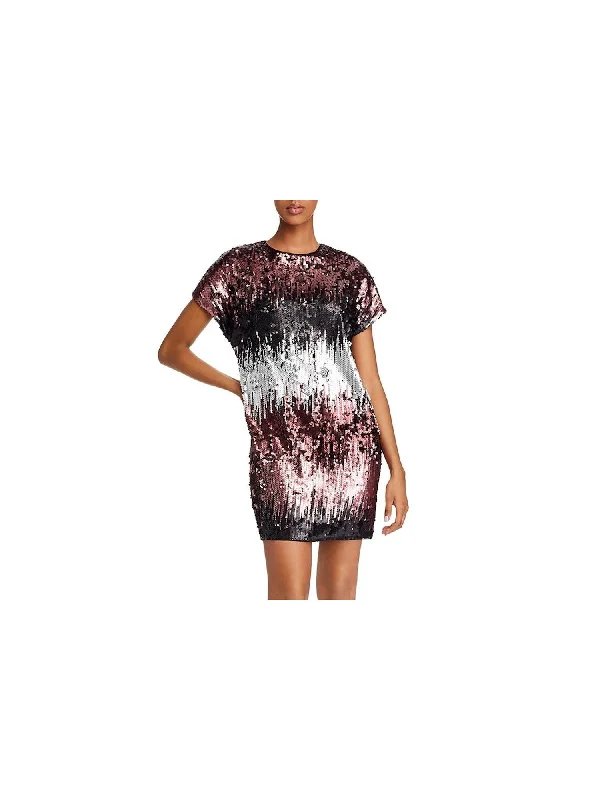 AIDAN MATTOX Womens Sequined Short Sleeve Jewel Neck Short Evening Body Con Dress