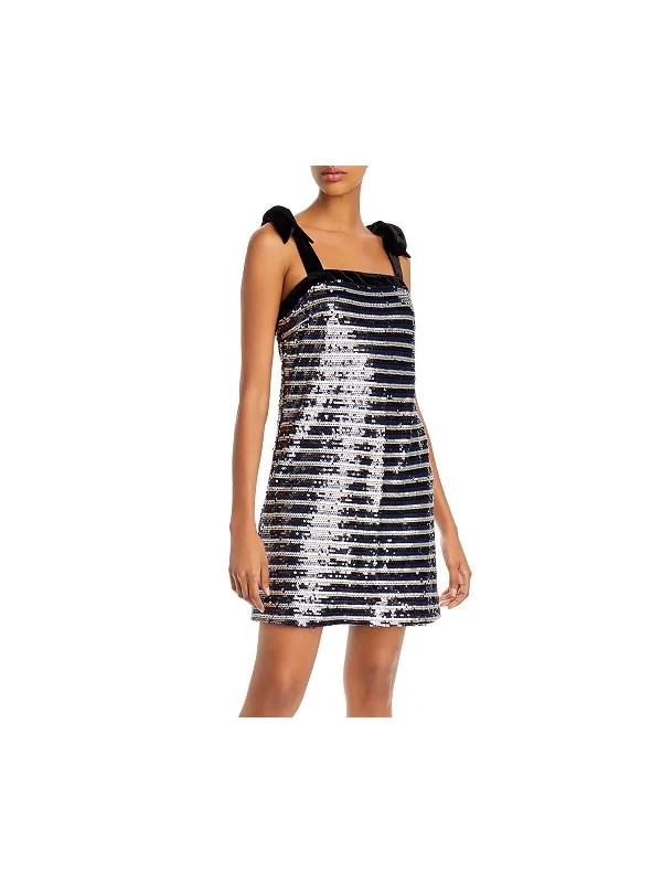 AQUA Womens Navy Sequined Striped Spaghetti Strap Square Neck Short Party Shift Dress