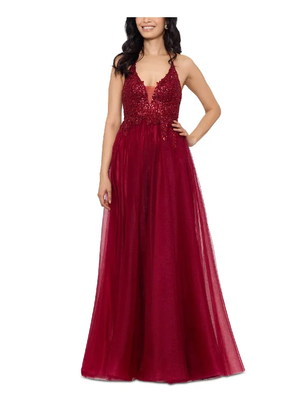 BLONDIE NITES Womens Red Sequined Zippered Lined Sleeveless V Neck Full-Length Prom Gown Dress