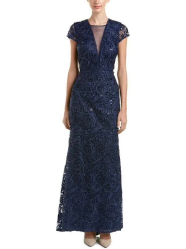 CARMEN MARC VALVO Womens Navy Sequined Cap Sleeve V Neck Full-Length Evening Fit + Flare Dress