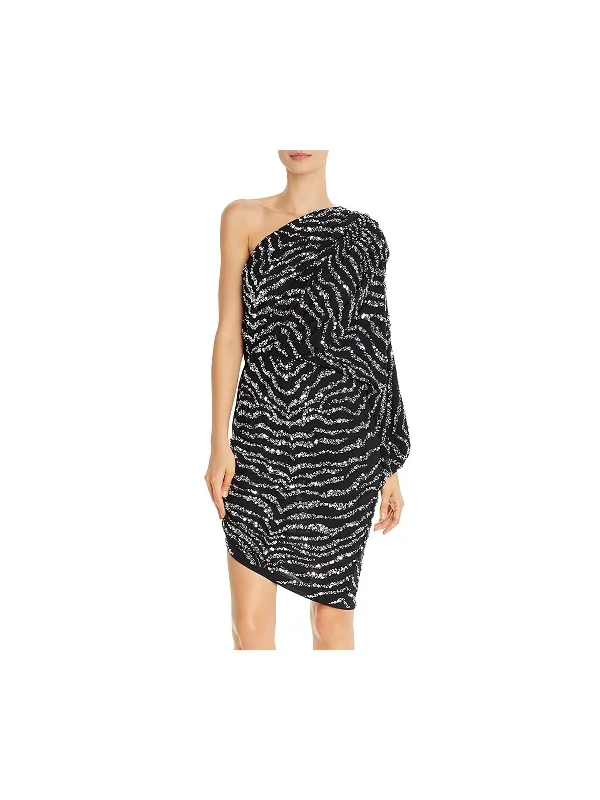 JAY GODFREY Womens Black Sequined Patterned Asymmetrical Neckline Short Evening Body Con Dress