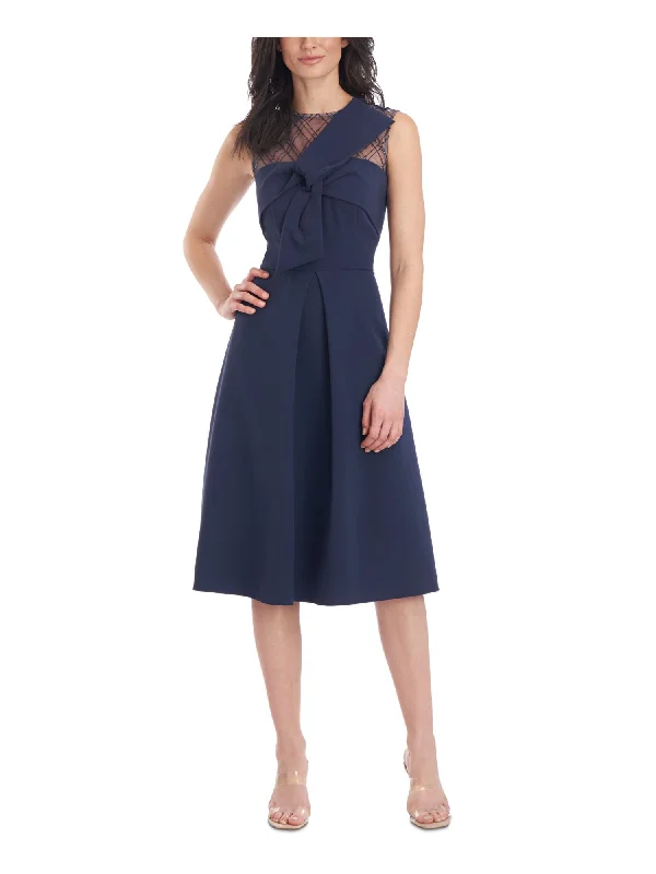 JS COLLECTIONS Womens Navy Zippered Sequined Lined Sleeveless Illusion Neckline Below The Knee Party Fit + Flare Dress