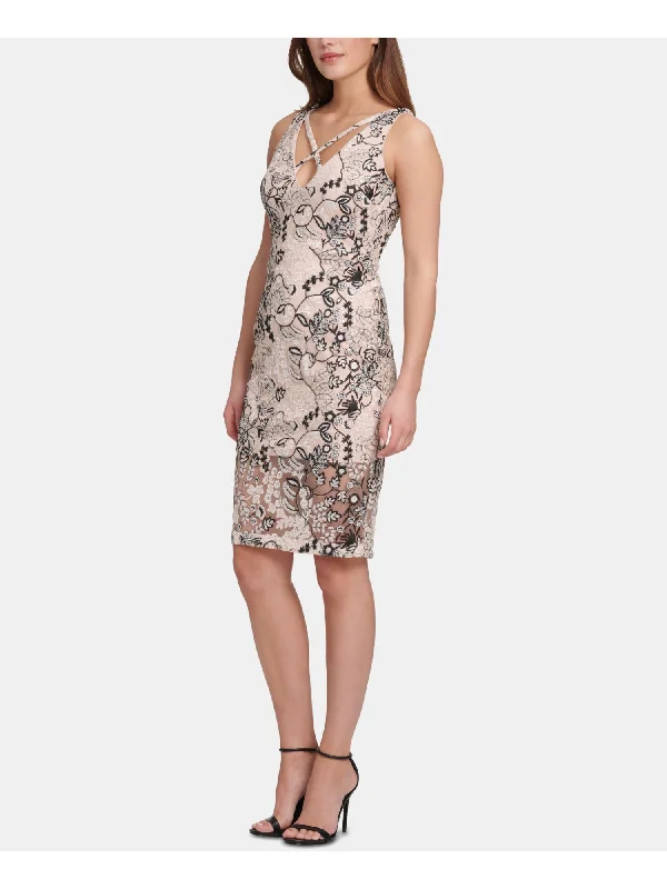 MARCIANO Womens Sequined Printed Sleeveless V Neck Knee Length Cocktail Sheath Dress