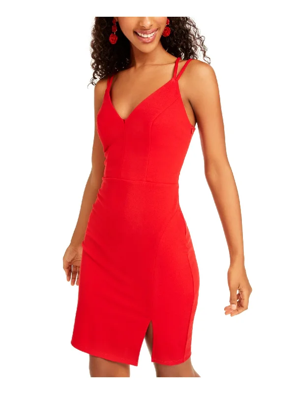 SEQUIN HEARTS Womens Red Spaghetti Strap V Neck Above The Knee Body Con Dress