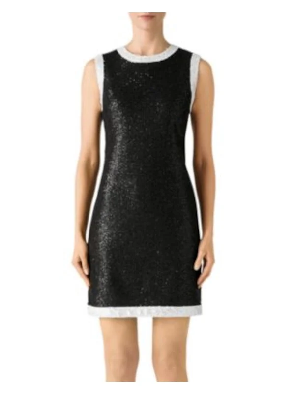 ST JOHN Womens Black Sequined Zippered Unlined Darted Color Block Sleeveless Round Neck Above The Knee Evening Sheath Dress