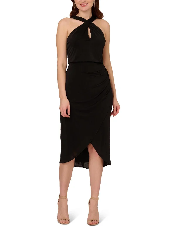 Womens Faux Wrap Midi Cocktail And Party Dress