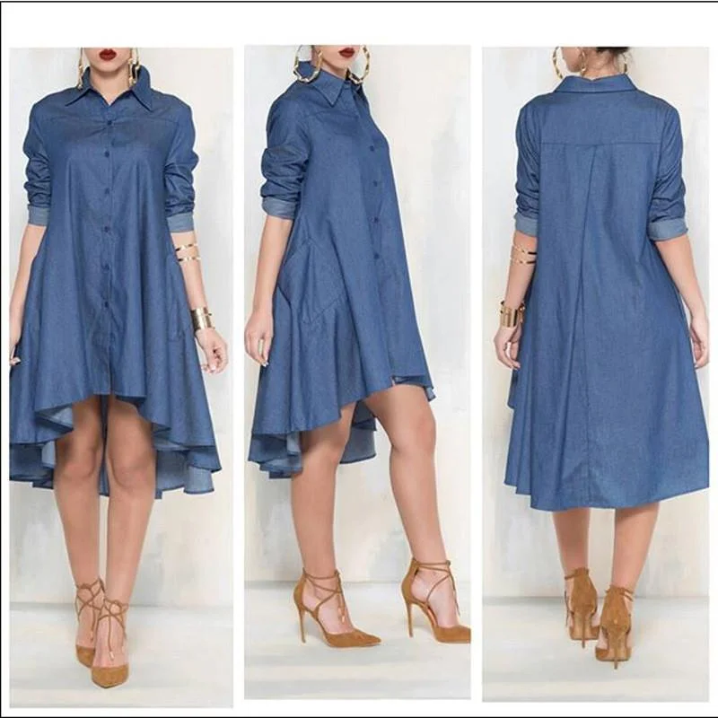 Clearance Casual Denim Blue Pockets Shirt Irregular Loose Dress