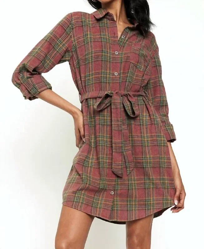 Gracie Bleach Dye Plaid Shirtdress In Brown