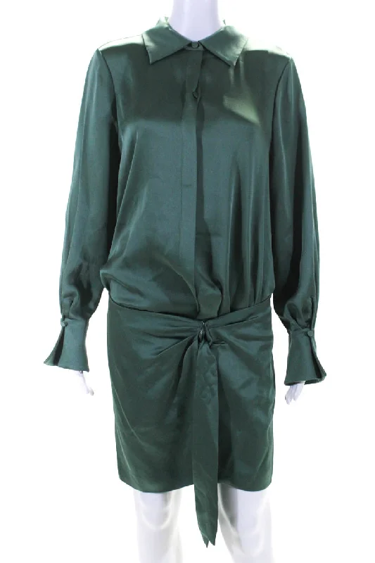 Jonathan Simkhai Womens Wrap Waist Satin Shirt Dress Park Slope Green