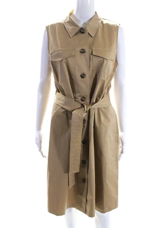 Lafayette 148 New York Womens Belted Sateen Khaki Shirt Dress Honey Nut Large