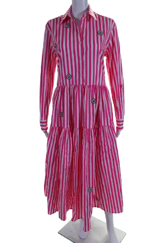 Mira Mikati Womens Cotton Daisy Beaded Pink Striped Poplin Shirt Dress