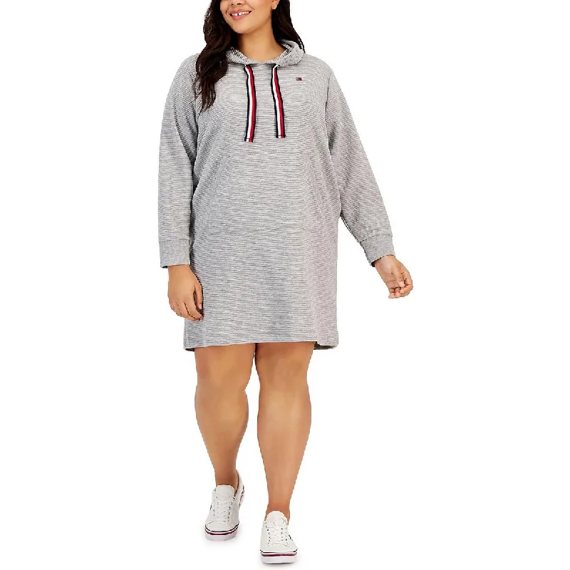 Plus Womens Hooded Ribbed Sweatshirt Dress