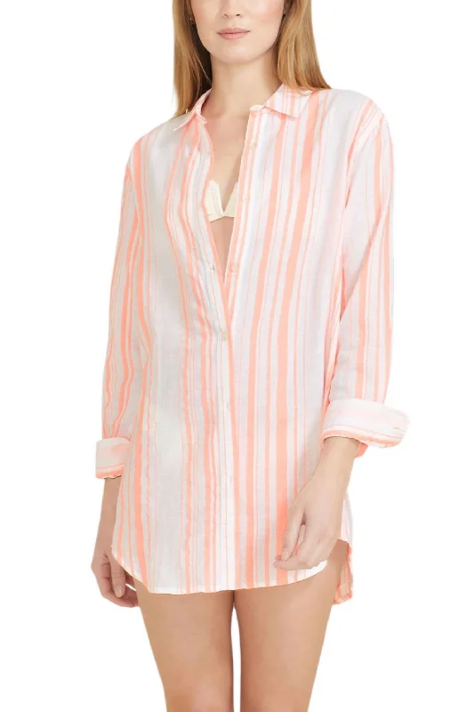 Primavera Shirt Dress In Neon Stripes - Orange