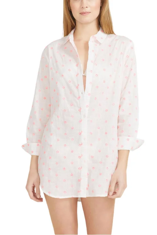 Primavera Shirt Dress In White With Pink Embroidery