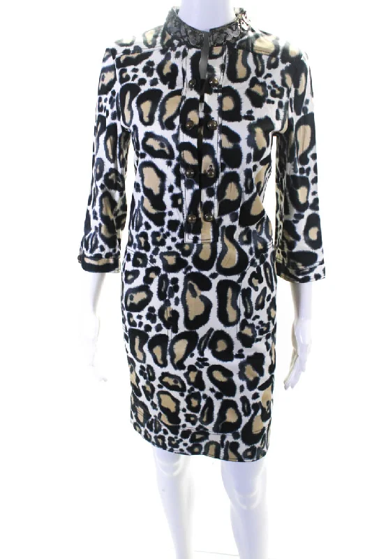 SoCa St. John Womens 3/4 Sleeve Spotted Shirt Dress White Black Brown