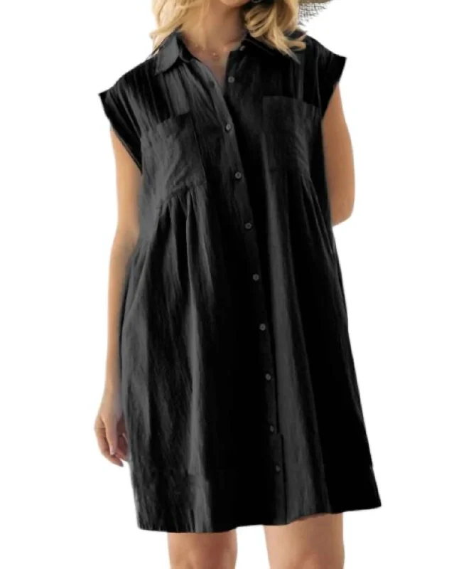 Solid Collar Shirt Dress In Black