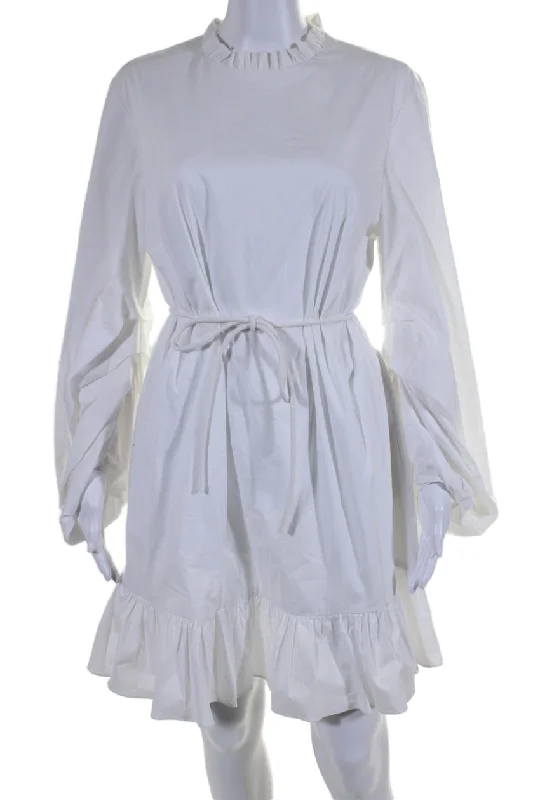 Staud Womens Long Sleeves Belted Ruffled Neck Shirt Dress White Cotton