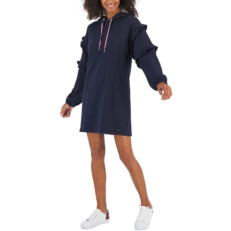 Womens Hooded Ruffled Sweatshirt Dress