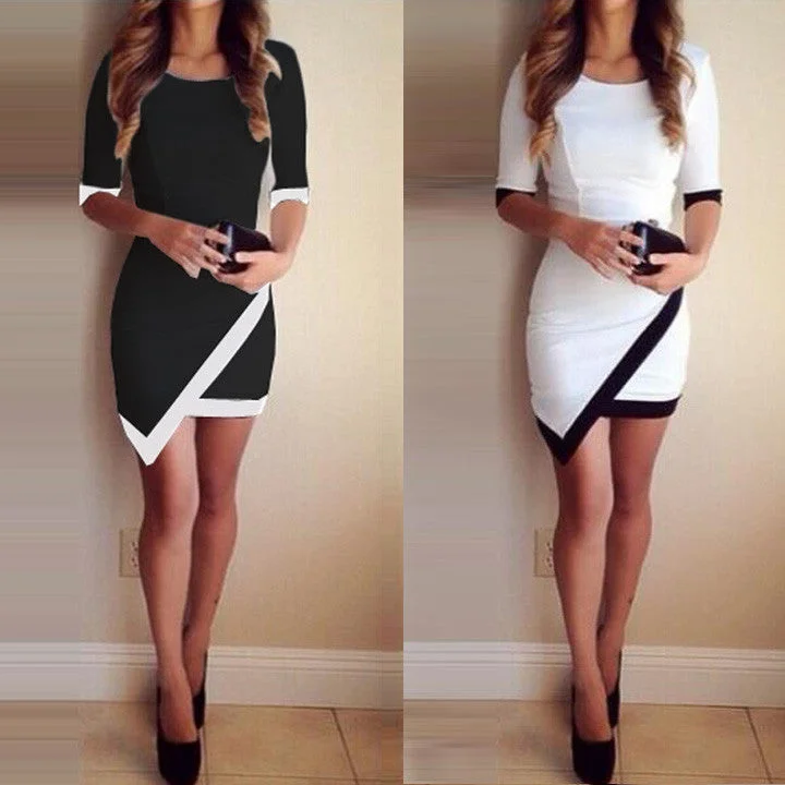 Asymmetric Patchwork Half Sleeve Bodycon Pencil Short Dress