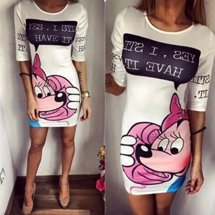 Cartoon Print Mid Sleeves Bodycon Dress