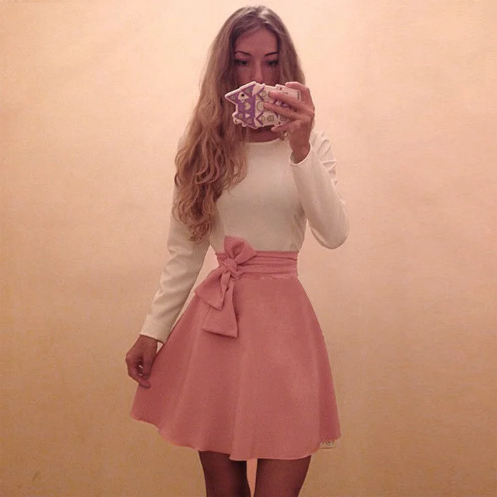 Splicing Color Bodycon Short Dress With Belt Bowknot