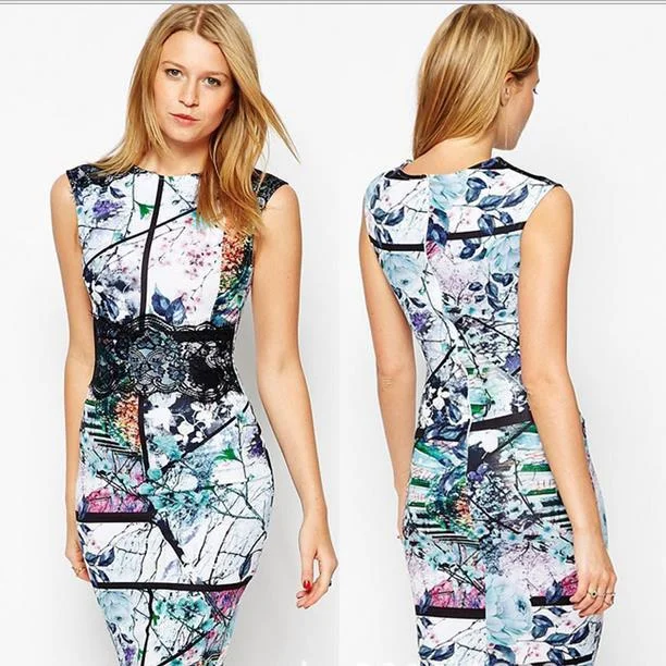 Sexy Digital Print Sleeveless Bodycon A-line Scoop Knee-length Dress