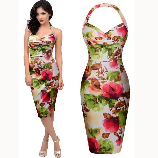 Sexy Halter Backless Sleeveless Flower Print Bodycon A-line Knee-length Dress