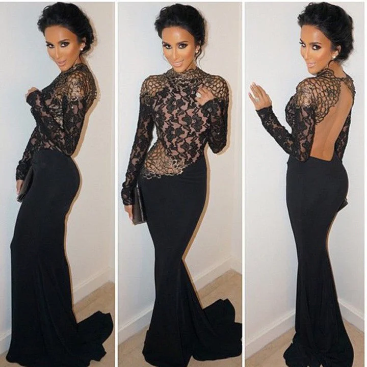 Lace Backless Mesh Stitching Bodycon Long Dress