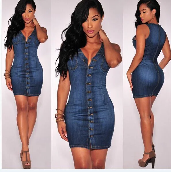 V-neck Button Decoration Short Bodycon Tank Denim Dress Clubwear