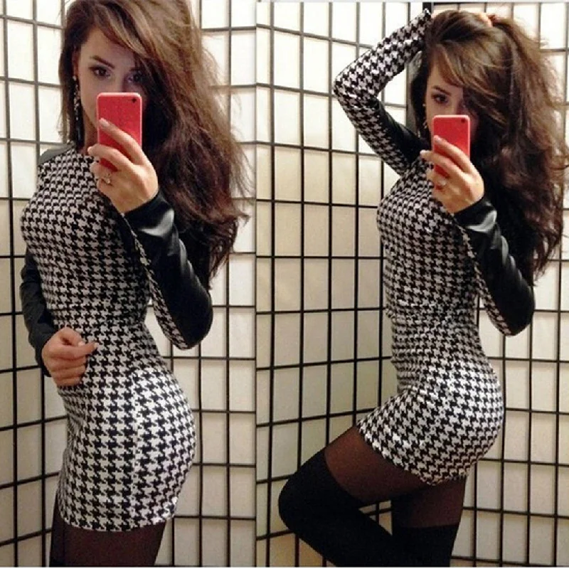 Women Leather Sleeve Patchwork Bodycon Dress