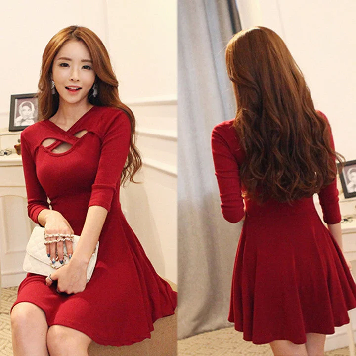 Hollow Out 3/4 Sleeve Bodycon Pleated Dress