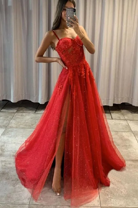 A-line Tulle Long Prom Dresses with Appliques,Winter Formal Dresses