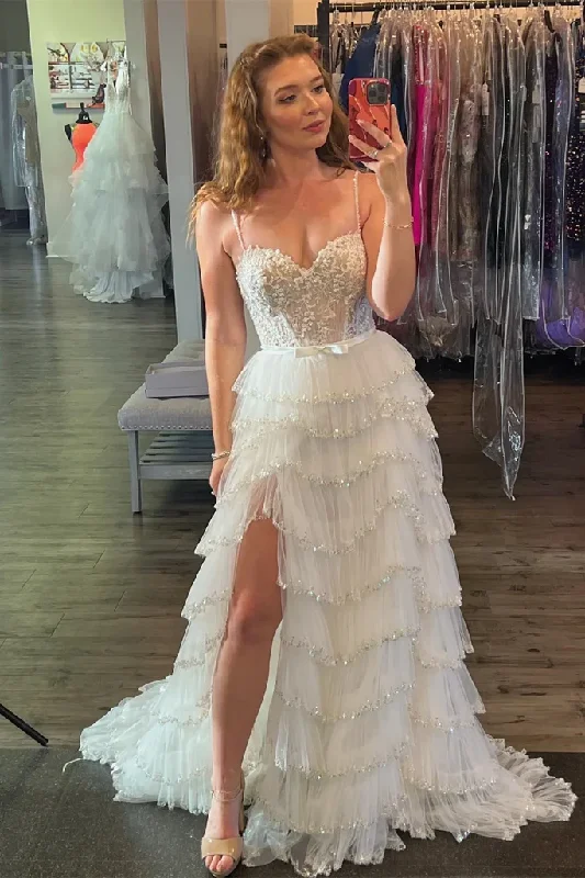 A LINE WHITE TULLE LAYERED PROM DRESS WITH SLIT