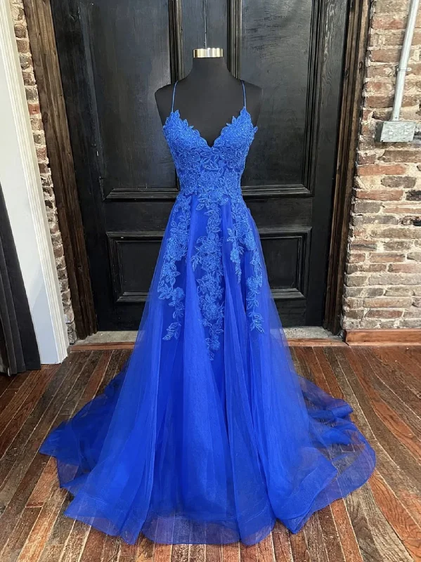 BLUE V NECK TULLE LACE LONG PROM DRESS, BLUE TULLE FORMAL DRESS,WD5751