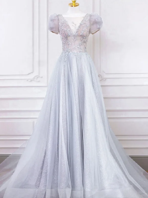 Gray round neck tulle lace long prom dress, gray tulle evening dress,DP24588