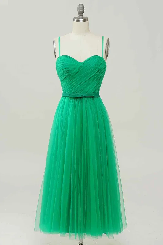 Green A-line Sweetheart Neck Tulle Pleated Knee Length Prom Dress