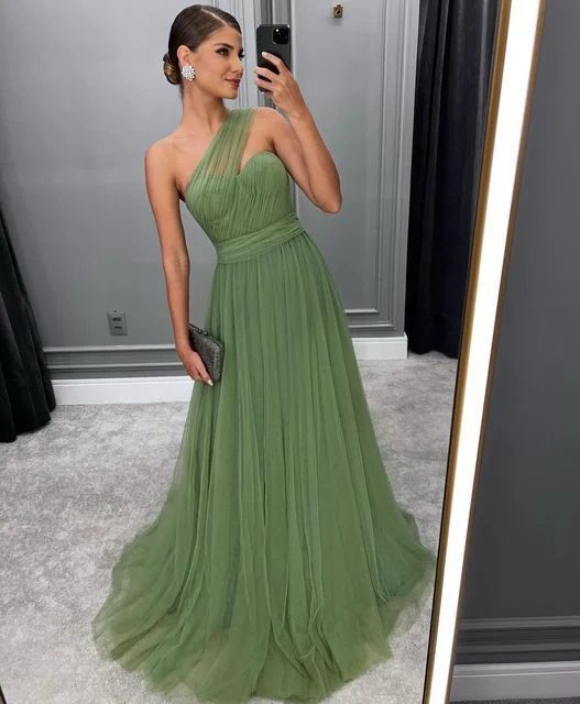 Green Long A-line Prom Dress Trendy Tulle Formal Evening Dresses,DP0173