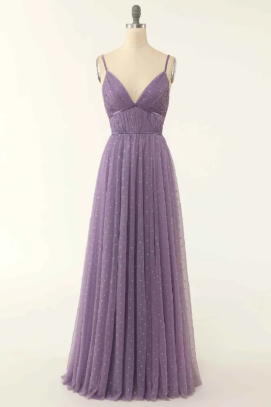 Lavender A-line V Neckline Pleated Tulle Dot Long Prom Dress