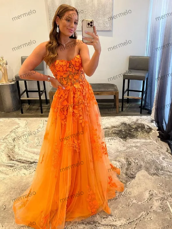 Orange Lace Appliques Prom Dresses Illusion Sweetheart Strapless Tulle A Line Sweep Train